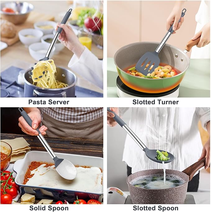 TeamFar Silicone Cooking Utensils Set, 5 PCS Heat-Proof Kitchen Utensils with Stainless Steel Handle, Turner/Spoon/Pasta Server for Nonstick Cookware Frying Flipping Draining, Light Grey
