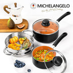 MICHELANGELO Nonstick Sauce Pan with Lid, 1QT & 2QT Ceramic Saucepan Set with Steamer, Small Copper Saucepans Set, Multipurpose Sauce Pots for Cooking, PFAS-FREE, Dishwasher Safe