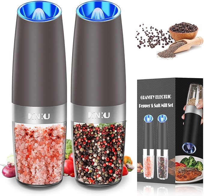 XinXu Gravity Electric Salt and Pepper Grinder Set, Automatic Mill Grinder Shaker,Battery-Operated, Adjustable Coarseness, Stainless Stee, LED Light, One Hand Operated,Brown