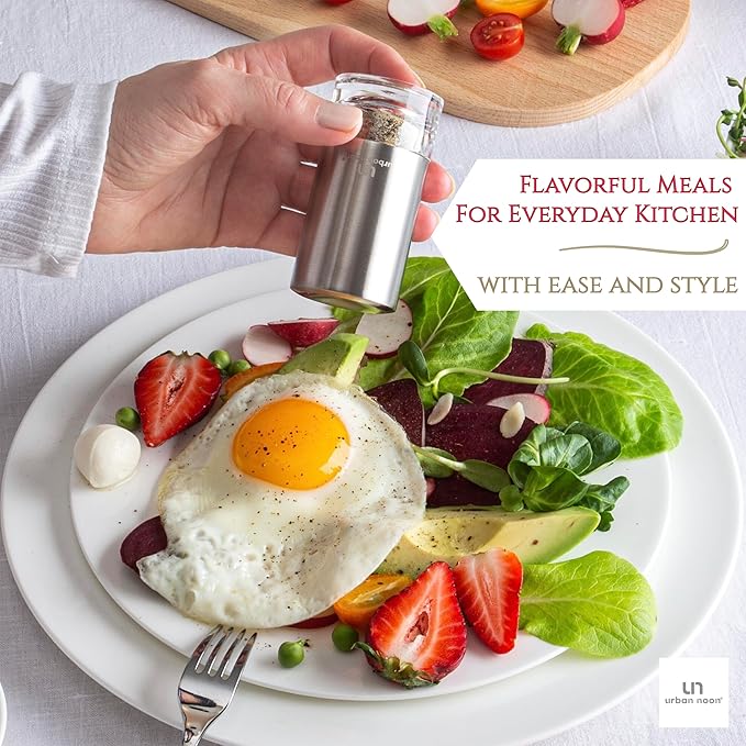 Black and White Salt and Pepper Shakers with Holder - Elegant Stainless Steel Salt Shaker and Pepper Shaker Set with Acrylic Holder for Kitchen Counter or Restaurant Table