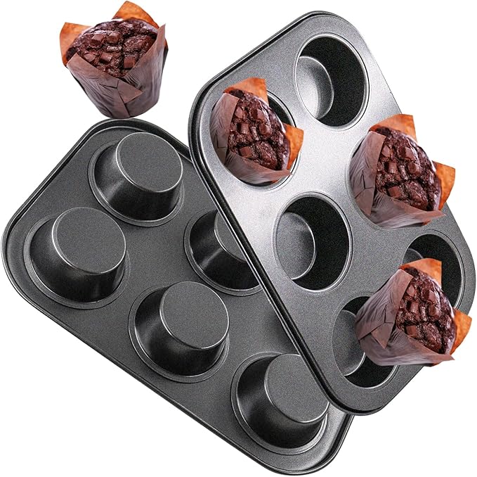 2 Packs Round Muffin Baking Pan, Premium Steel Muffin Pan for Baking, Cupcake Tin Cheesecake Pans, Bakeware Muffin Top Pan (6 Cups,Black)