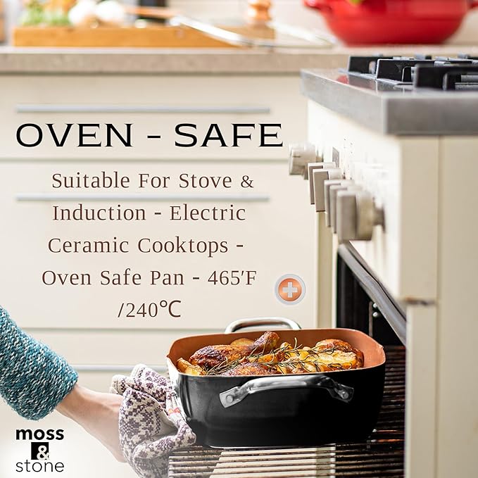 Moss & Stone 5 Pcs Black Copper Chef Cookware Non Stick Deep Frying Pan, Fry Basket, Steamer Rack, Dishwasher & Oven Safe, 5 Qt Deep Square Pan, Induction Copper Cookware Set - 9.5" x 3.5"