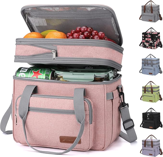 Maelstrom Lunch Bag Women,23L Insulated Lunch Box for Men Women,Expandable Double Deck Lunch Cooler Bag,Lightweight Leakproof Lunch Tote Bag with Side Tissue Pocket,Pink