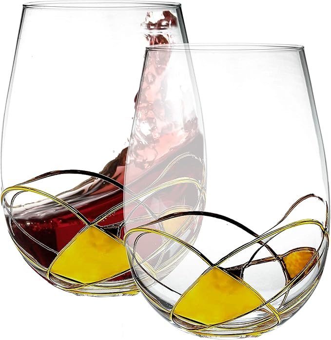 Bezrat Stemless Wine Glasses Set of Two | Hand Painted Large Premium Red and White Wine glasses | Lead-Free Crystal | Essential Wine Gift | 18 Ounces (Gold)