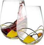 Bezrat Stemless Wine Glasses Set of Two | Hand Painted Large Premium Red and White Wine glasses | Lead-Free Crystal | Essential Wine Gift | 18 Ounces (Gold)