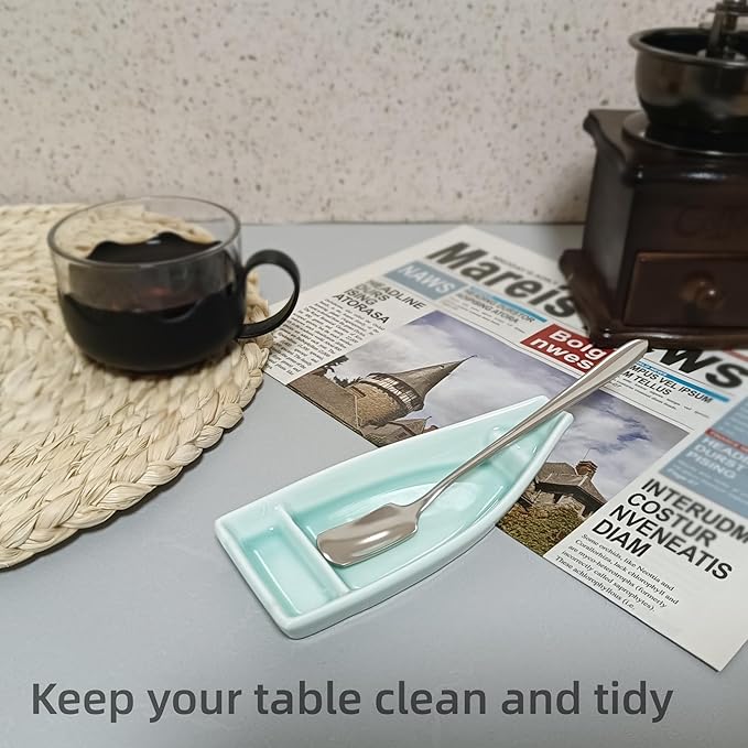 Coffee Stirring Spoon and Rest for Coffee Bar Accessories, Small Spoon Rest for Coffee Station, Coffee Spoon Holder for Coffee Bar Tea Spoon Teaspoon Rest, 1 PC (Oar Spoon with Turquoise Boat Rest)