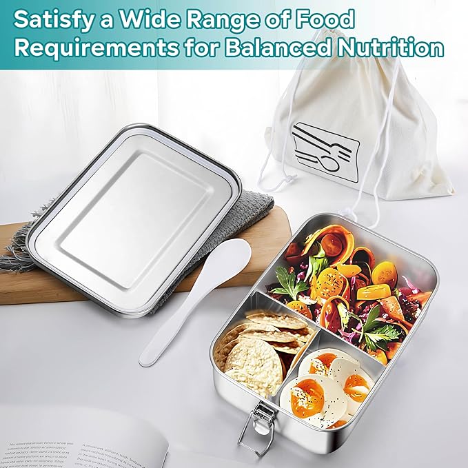 HaWare Stainless Steel Bento Box, 29oz (850ML) Leak-Proof Lunch Box for Kids Adults, 3 Compartments Food Containers with Removable Dividers and Bag, Metal Lunch Containers for Snack Meal Sandwich