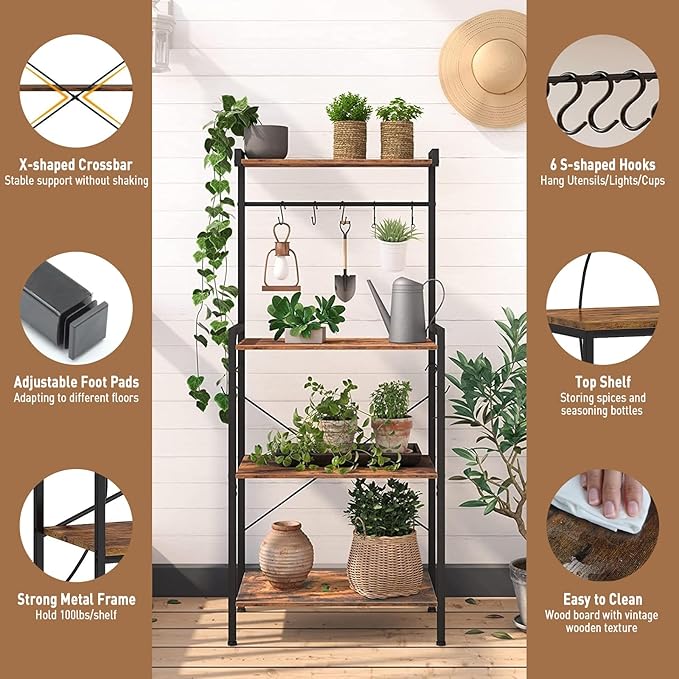 Baker's Rack with Power Outlet, 4-Tier Standing Kitchen Rack Microwave Stand Storage Shelves, Coffee Bar Station Cabinet Table, Heavy Duty Kitchen Organizer for Coffee Bar, Bread