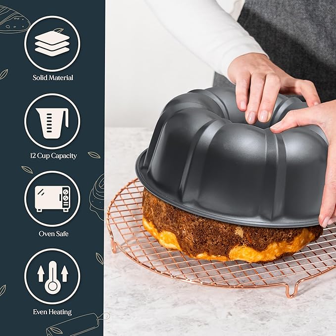 Carbon Steel 10 Inch Tube Pan - Heavy Duty Round Fluted Cake Pans with Nonstick Coating for Baking Cakes, Pound Cakes, 12 Cups