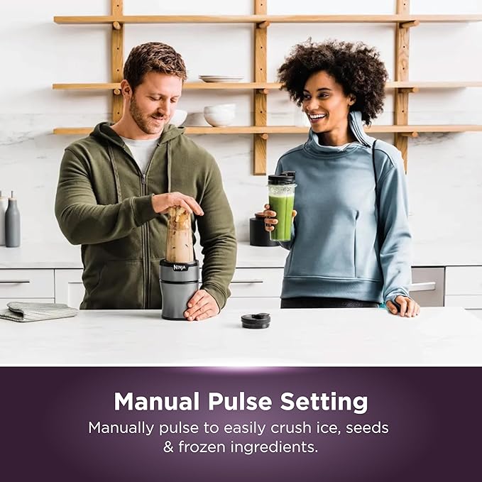 Ninja BN301 Nutri-Blender Plus Compact Personal Blender, 900-Peak-Watt Motor, Frozen Drinks, Smoothies, Sauces & More, (3) 20 oz. To-Go Cups, (2) Spout-Lids (1) Storage-Lid, Dishwasher Safe, Silver