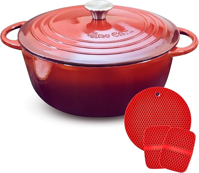 Uno Casa Enameled Cast Iron Dutch Oven - Red - 6Qt Dutch Oven Pot with Lid, Long-Lasting Enamel Casserole Dish for Bread Baking, Stews, and Roasting - Durable Non-Stick Iron Cookware for Versatile Cooking