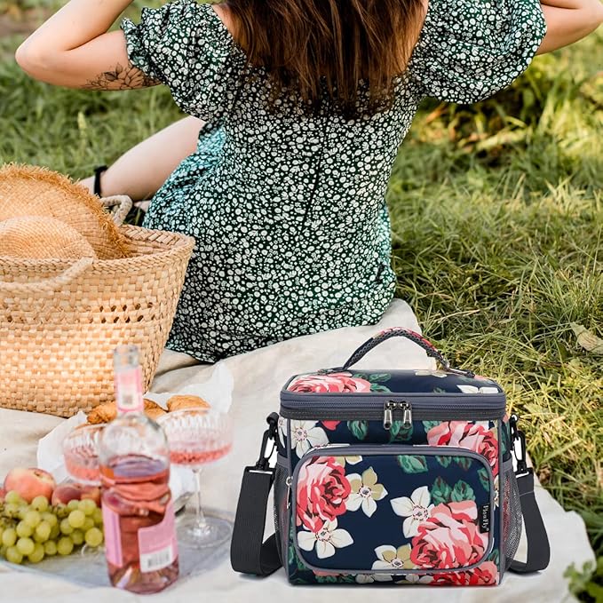 FlowFly Insulated Reusable Lunch Bag Adult Large Lunch Box for Women and Men with Adjustable Shoulder Strap,Front Zipper Pocket and Dual Large Mesh Side Pockets,Peony