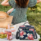 FlowFly Insulated Reusable Lunch Bag Adult Large Lunch Box for Women and Men with Adjustable Shoulder Strap,Front Zipper Pocket and Dual Large Mesh Side Pockets,Peony