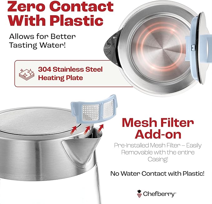 Electric Kettle for Boiling Hot Tea & Water | 1.8L Stainless Steel Borosilicate Glass Boiler With No Plastic, Automatic Shutoff, BPA Free, Fast Heating Technology