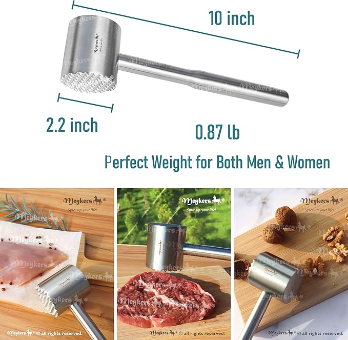 Meykers Meat Tenderizer Mallet | Dishwasher Safe | All 304 Stainless Steel | Perfect Weight | Meat Hammer Pounder Flattner Beater | for Steak Beef Chicken Pork | Kitchen Tool for Cooking