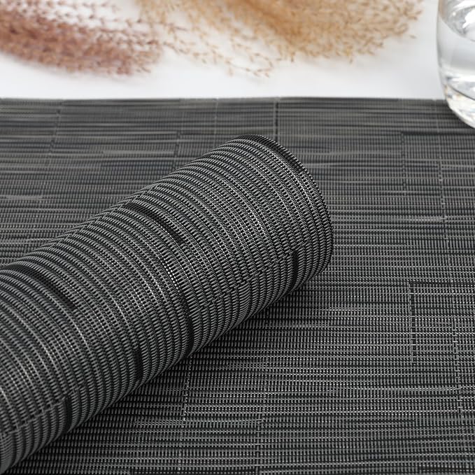 Myir JUN Placemats Set of 8, Vinyl Woven Placemats Place Mats Indoor Set of 8 Washable Table Mats Non-Slip Place mats for Dining Table (Black-Gray, Set of 8)