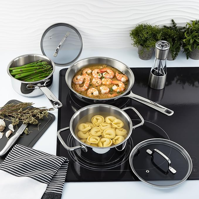 BergHOFF Helix 5Pc Cookware Set With Glass Lids Recycled 18/10 Stainless Steel Induction Pots and Pans Scratch-resistant Oven Safe