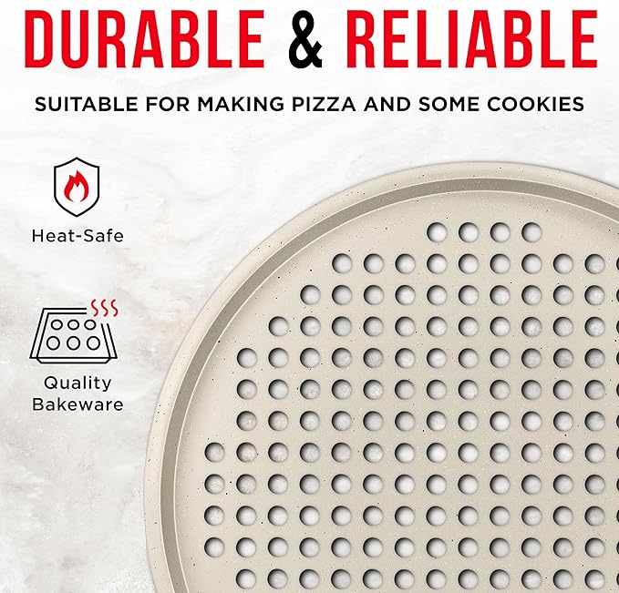 Bakken Pizza Baking Pan - Round Perforated Carbon Steel Pan with Non-Stick Marble Coating, Oversized Silicone Handle, Dishwasher Safe, High-Temperature Resistant, Durable & Easy Cleanup White, 1 Pack