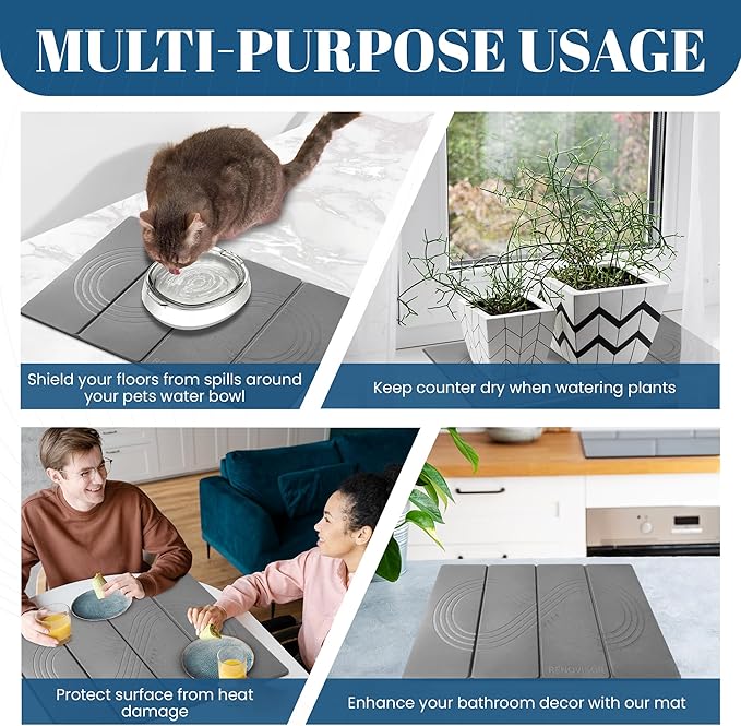 Premium Stone Dish Drying Mat – Large Foldable Kitchen Counter Mat, Super Absorbent Diatomaceous Earth with Coasters, Brush & Anti-Slip Pad – Fast Drying, Dark Gray Zen Design