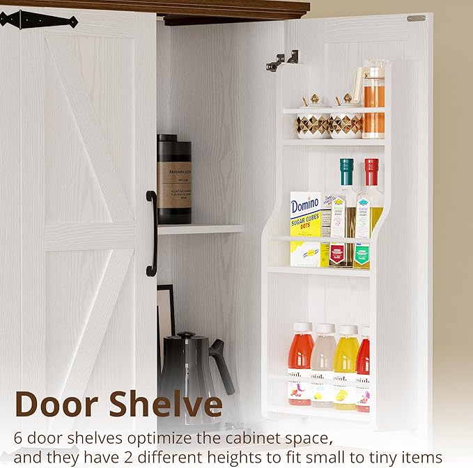 IRONCK Farmhouse Kitchen Pantry Cabinet, Tall Storage Cabinet with 6 Hanging Shelves and Adjustable Shelves, Freestanding Cupboard with Barn Doors for Kitchen, Dining Room， White/Walnut