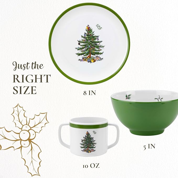 Spode Christmas Tree 3-Piece Melamine Dinnerware Set - 8" Plate, 5" Bowl, 10 Oz Mug - Festive & Durable Holiday Collection for Kids - Christmas Tableware with Classic Tree Motif, Dishwasher Safe