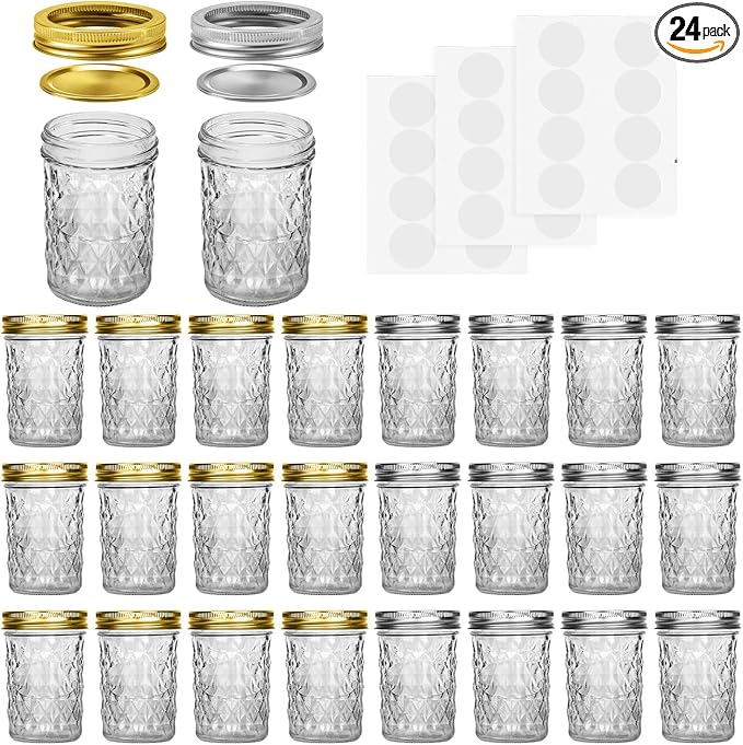 SPANLA Mason Jars 8 oz, 24 Pack Canning Jars 8 oz Half Pint Glass jars with Regular Lids and Bands, Small Mason Jars with Lids Ideal for Jelly Jam Honey Wedding Favors Shower Favors Food