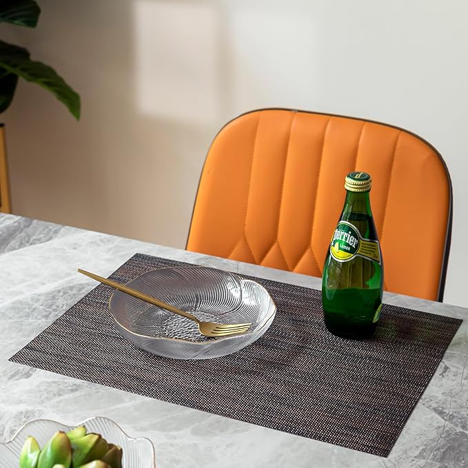 LEXMORE Placemats Set of 6 Vinyl/Plastic Woven Place Mats for Kitchen Table Indoor/Outdoor Washable Placemat Wipeable Dining Table Mats(Black/Brown)