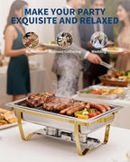 Garvee Chafing Dishes for Buffet Set of 2, 8QT Buffet Servers and Warmers Set with Lid & Foldable Frame, Rectangular Stainless Steel Chafer Food Warmer for Parties Wedding Catering Supplies, Gold