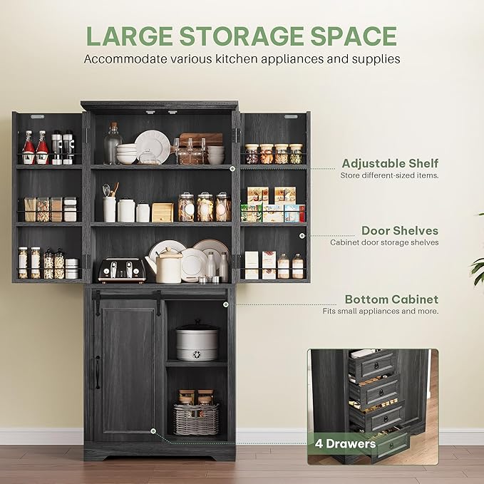 YITAHOME Pantry Cabinet, 71-Inch Tall Freestanding Storage Cabinet with 4 Drawers, Farmhouse Cupboard with Doors Storage, Adjustable Shelves, for Living Room, Dining Room, Gray Oak