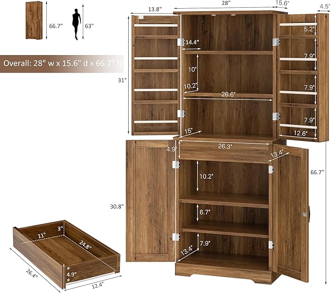 Shintenchi Kitchen Pantry Cabinet, Freestanding Farmhouse Storage Cabinet with 8 Door Shelves, 2 Cabinets and 1 Drawer, Tall Cupboard for Kitchen, Living Room, Dining Room and Bathroom, Rustic Brown