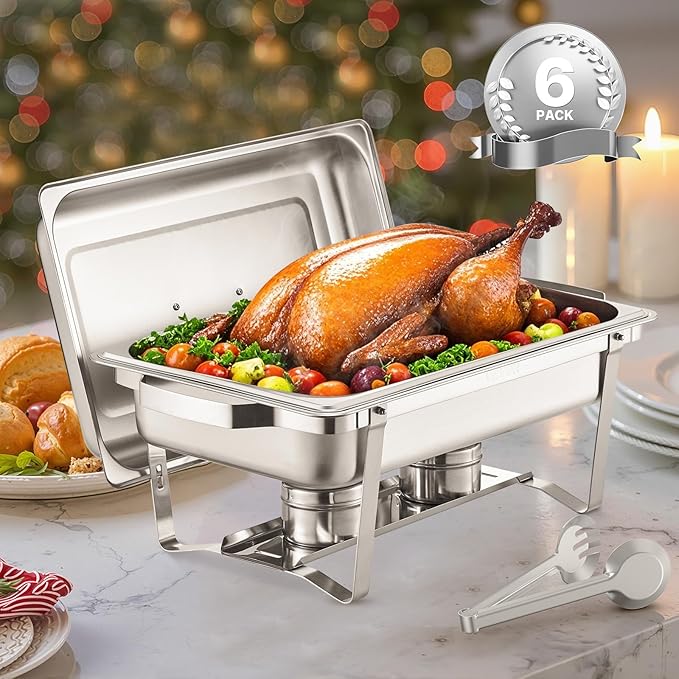 VEVOR Chafing Dish Buffet Set, 8 Qt 6 Pack, Stainless Steel Chafer with 6 Full Size Pans, Rectangle Catering Warmer Server with Lid Water Pan Stand Fuel Holder, for Weddings Parties Banquets, Silver