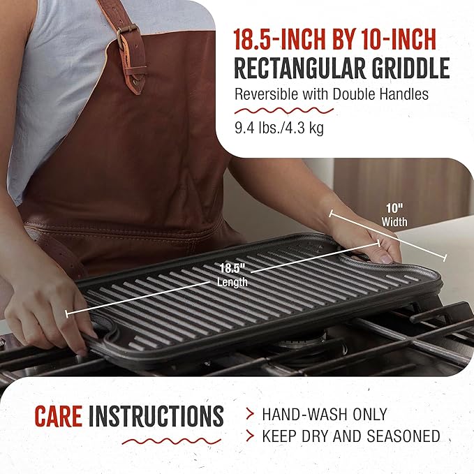 Victoria Rectangular Cast Iron Griddle. Double Burner Griddle, Reversible Griddle Grill, 18.5 x 10 Inch, Seasoned with 100% Kosher Certified Non-GMO Flaxseed Oil