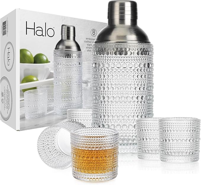 Glaver's Cocktail Shaker Set, Glass 15.2 oz Shaker, 6 Hobnail Shot Glasses, Stainless Steel Strainer Cap,Glass Shaker Set for Bars. Dishwasher Safe