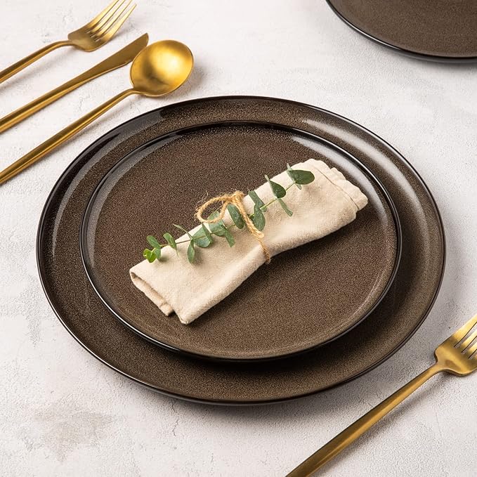 LERATIO Ceramic Plates Set of 6, 8.5 Inch Reactive Glaze Light Weight Porcelain Salad Plates,Modern Shape Dinnerware Dishes Set for Microwave&Dishwasher &Oven Safe,Scratch Resistant-Chestnut