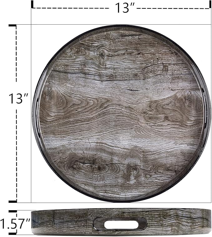 MAONAME 13" Round Decorative Tray, Plastic Tray with Handles, Coffee Table Trays, Serving Trays for Ottoman, Bathroom, Kitchen (Sticker Wood Grain)