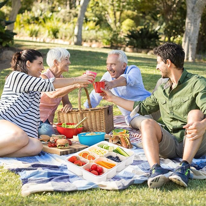 Divided Snack Serving Tray with Lid and Handle Travel Snackle Charcuterie Container Portable Storage Organizer for Candy, Fruits, Nuts, Snacks, Party, Picnic 2 Packs White