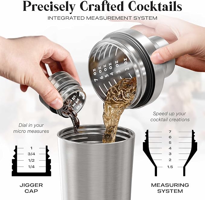 Insulated Cocktail Shaker Set | Double Wall Stainless Steel | Martini Shaker for Home Bar Bartending | Built-in Drink Measurement System & Strainer, Travel Bag, 35 Recipes | Gift Set (Silver)