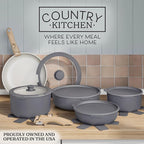 Country Kitchen Cookware Set with Removable Handle, Oven & RV Safe Pots and Pans Set, Grey/Ivory Wood Handle, Original
