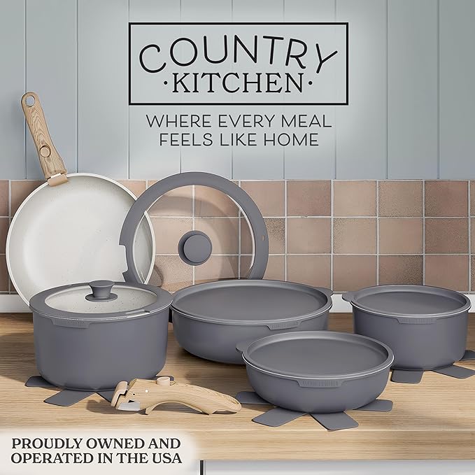 Country Kitchen Cookware Set with Removable Handle, Oven & RV Safe Pots and Pans Set, Grey/Ivory Wood Handle, Original