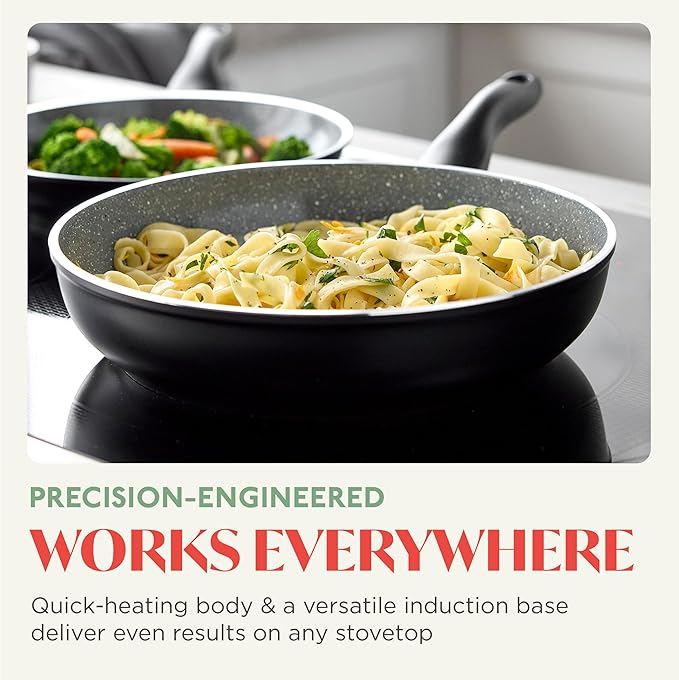 Rigoletto 9.5” Nonstick Frying Pan Skillet, Made in Italy, Vesuvio Layered Ceramic PFAS-Free Surface, Induction Ready, Dishwasher & Metal Utensil Safe, Granite Finish, Stay-Cool Handle,Black