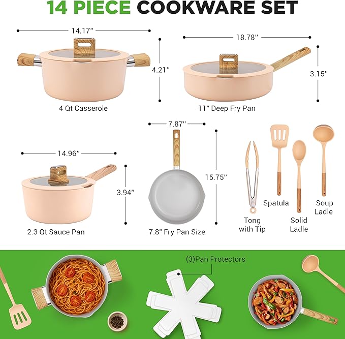 NutriChef 14-Piece Non-Stick Ceramic Cookware Set - Induction Safe Pots and Pans with Glass Lids, Cool-Touch Handles, Even Heat Distribution, Dishwasher Safe, Includes Ladle, Tong, Spatula (Pink)