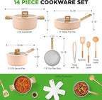 NutriChef 14-Piece Non-Stick Ceramic Cookware Set - Induction Safe Pots and Pans with Glass Lids, Cool-Touch Handles, Even Heat Distribution, Dishwasher Safe, Includes Ladle, Tong, Spatula (Pink)