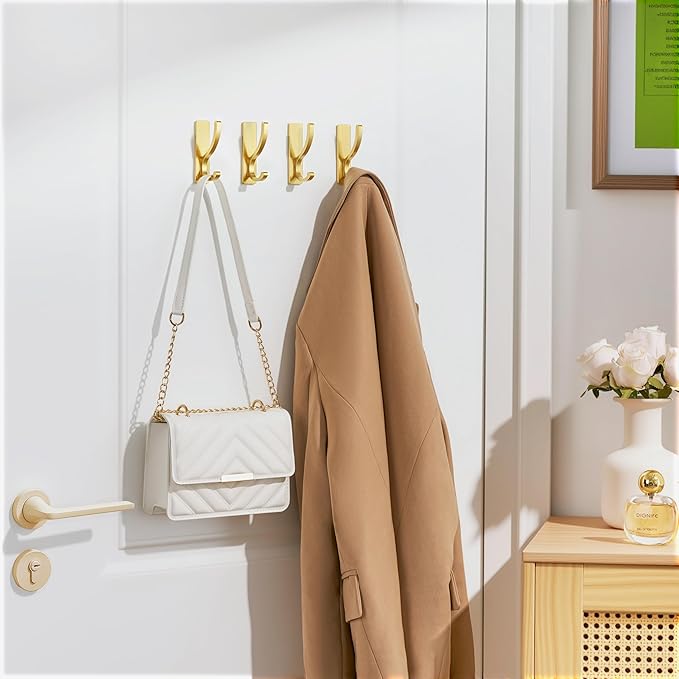 Adhesive Wall Hooks for Towels Coats - Stick On Hooks Hanging Heavy Duty (13lb), Metal Hook for Door, Bathroom, Dorm, Closet - Hanger for Purse, Bag, Robe,Backpack - No Damage to Wall - Gold 4 Pack