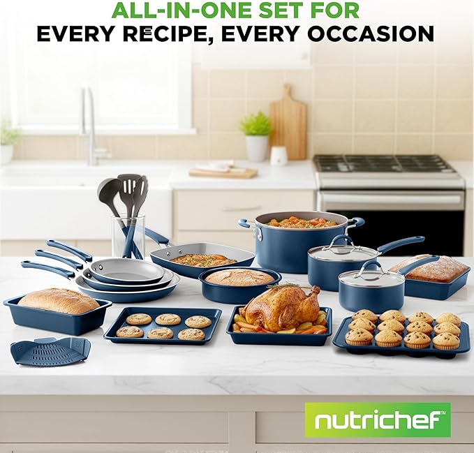 NutriChef Professional 20 Pc Kitchen Set in Navy Blue - Durable Non-Stick Pots and Pans with Bakeware, Compatible with Any Cooktop, Easy Clean
