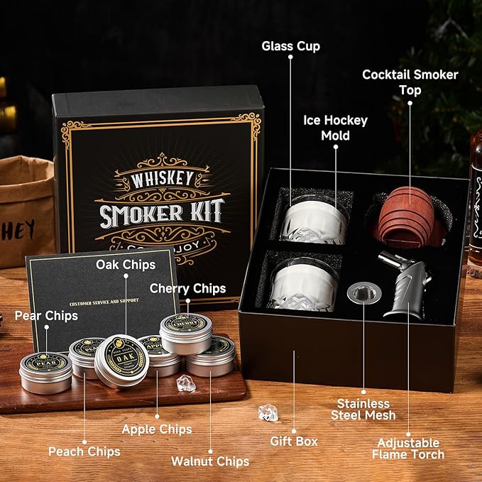 Whiskey Smoker Kit with Torch - 6 Flavors Wood Chips, 2 Glasses, 2 Ice Ball Molds - Cocktail Smoker Infuser Kit, Old Fashioned Drink Smoker Kit, Birthday Bourbon Whiskey Gifts for Men,Dad(NO Butane)