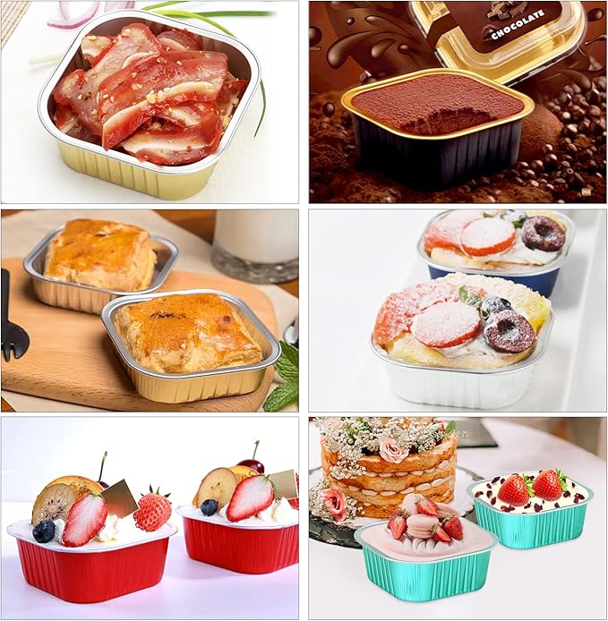 LNYZQUS 120pack/10oz Mini Cake Baking Pans with Lids, 4”X4” Small Cake Pan Foil Brownie Tins, Square Disposable Ramekins Cupcake Baking Cups Dessert Cheesecake Containers-White