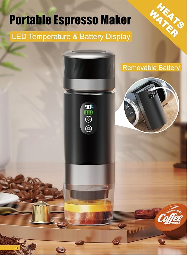 Portable Coffee Maker KF-JN-03 with Digital Display & 20 BAR Pressure – Hot & Cold Brew, Compatible with Coffee Grounds and Capsules, Compact Single-Serve Design with Transparent Cup & 60ml Tank
