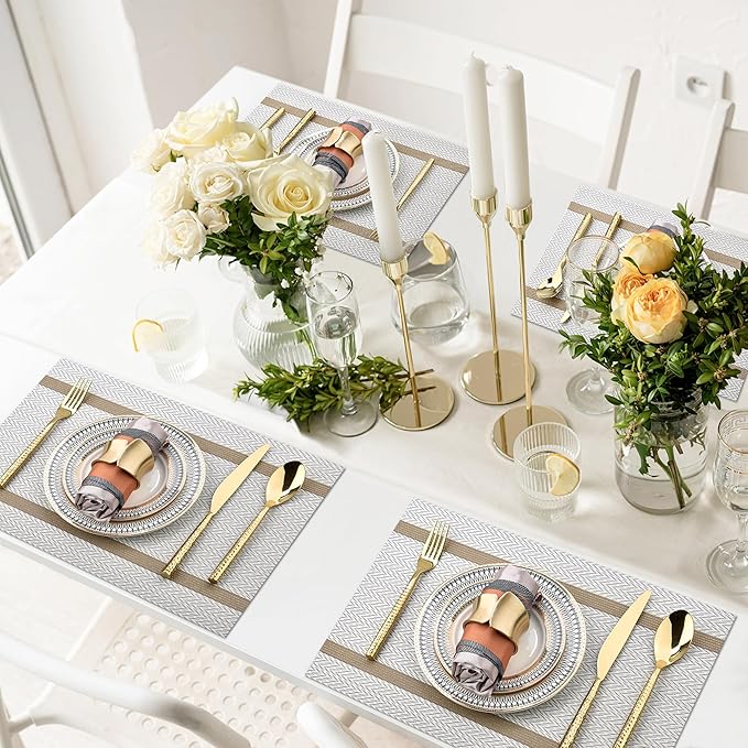 Beige White Placemats Set of 6 - Easy Clean Modern Durable Washable Vinyl Place Mats - Heat Resistant Placemats for Kitchen Table - PVC Table Mats for Dining Table (Beige White with Stripes, 6)