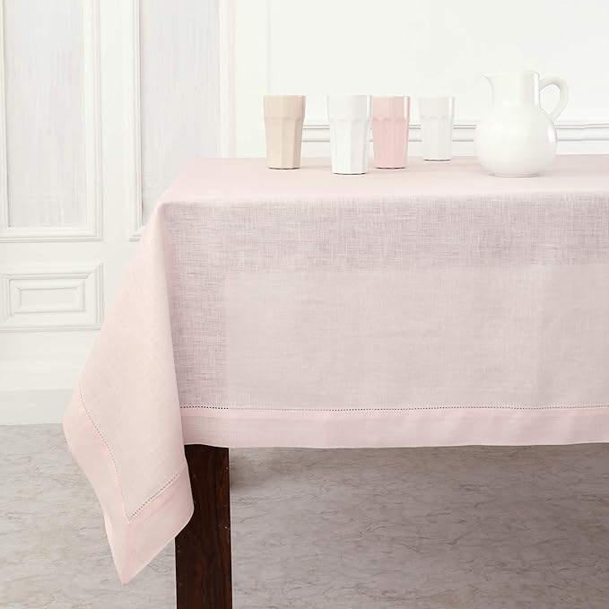 Solino Home Linen Tablecloth 60 x 108 Inch - Classic Hemstitch 100% Pure Linen Pink Table Cloth for Rectangle Tables - Machine Washable Tablecloth for Summer, Halloween