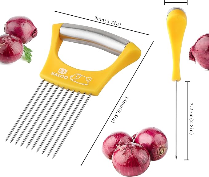 2PCS Onion Slicer Holder, Kaloo Stainless Steel Onion Cutter for Slicing and Storage Onions, Tomato, Vegetable and Eggs, Protective Cover Included, Dishwasher Safe (Stylish Orange+ Yellow Color)